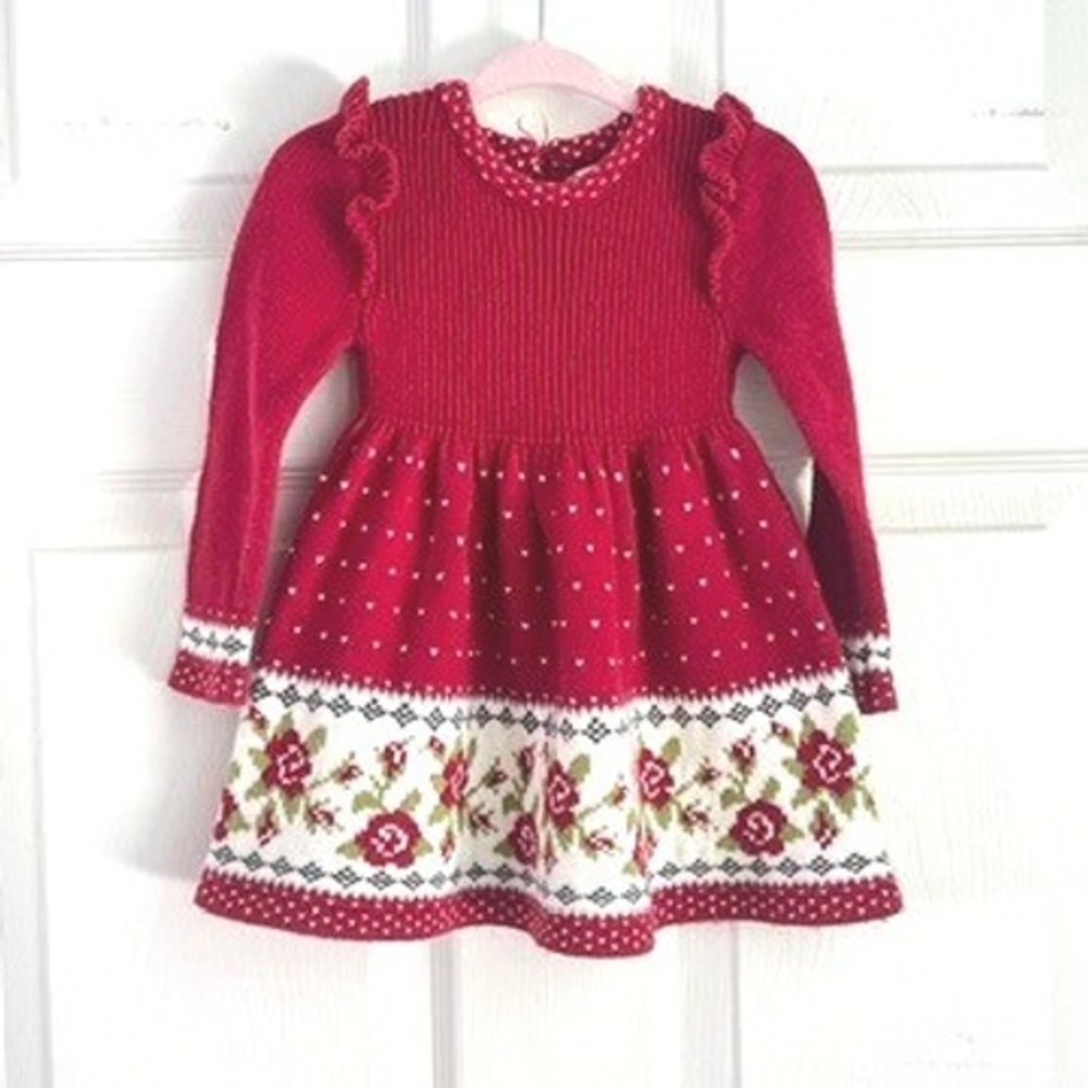 Max Studio Kids Sweater Dress Baby Girl 12M Floral Fair Isle Red Holiday Winter